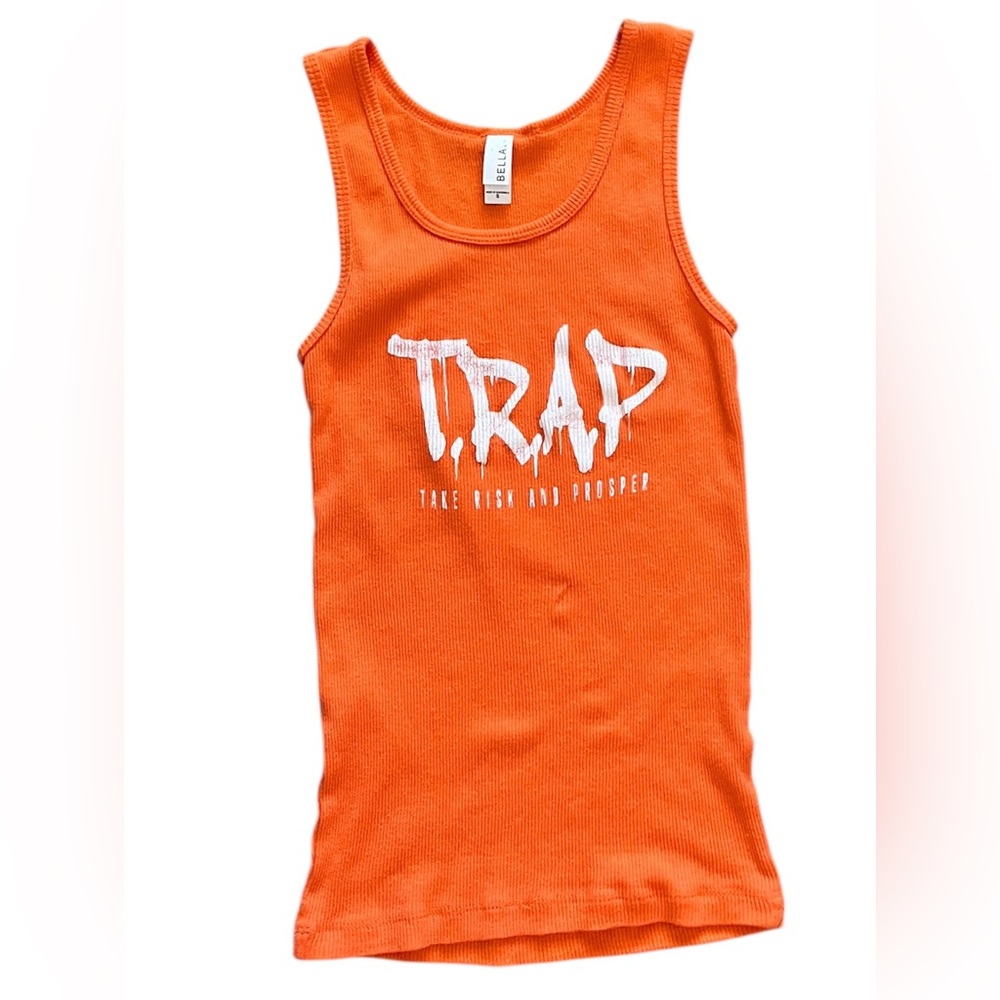 Orange TRAP Take Risk And Prosper fitted Ribbed Racerback Tank Top Size Small